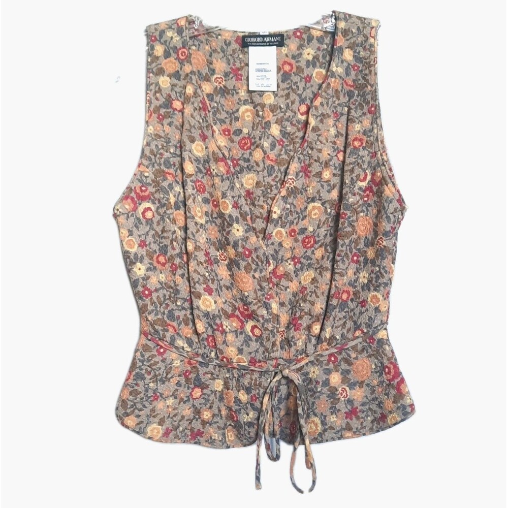 GIORGIO ARMANI Borgonuovo Black Label Floral Wrap Peplum Sleeveless Tie Waist 4